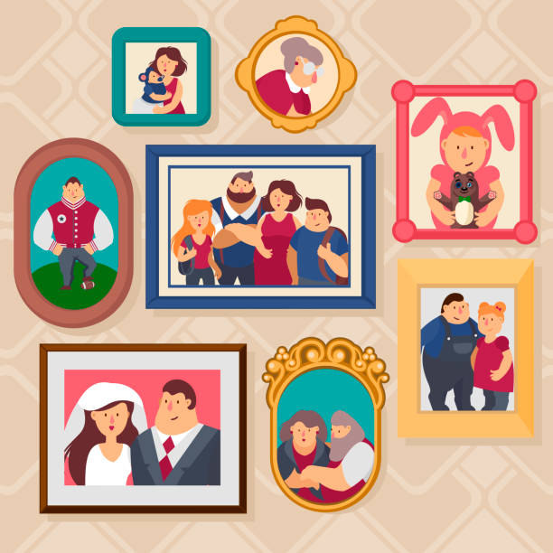 Cartoon Color Family Frames Icons Set. Vector Cartoon Color Family Frames Icons Set Flat Design Style Include of Girl, Boy and Parent. Vector illustration of Icon art museum illustrations stock illustrations