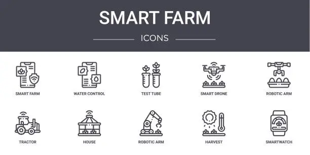 Vector illustration of smart farm concept line icons set. contains icons usable for web, logo, ui/ux such as water control, smart drone, tractor, robotic arm, harvest, smartwatch, robotic arm, test tube