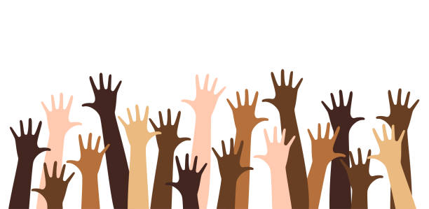 Diverse raised hands Diverse raised hands isolated on a white background. arms raised illustrations stock illustrations