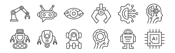 12 set of linear robotics icons. thin outline icons such as chip, artificial intelligence, robot, circuit, vision, chatbot for web, mobile. 12 set of linear robotics icons. thin outline icons such as chip, artificial intelligence, robot, circuit, vision, chatbot for web, mobile robotics stock illustrations