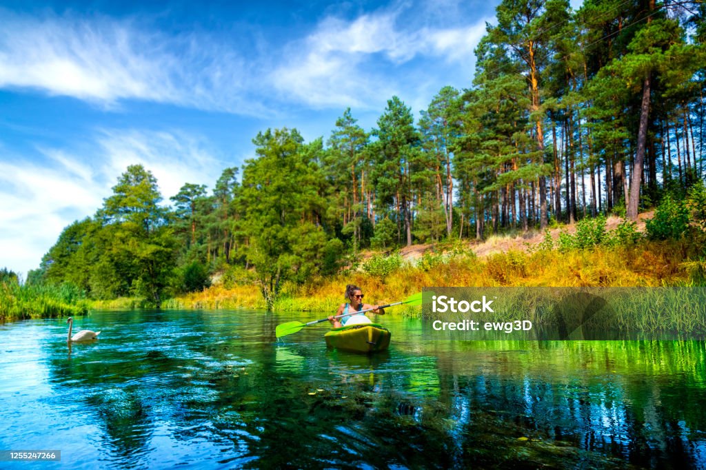 Summer holiday with a canoe in Poland Holidays in Poland - kayaking on the river Wda in Kashubia land Kayak Stock Photo