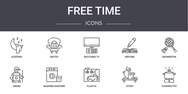 free time concept line icons set. contains icons usable for web, logo, ui/ux such as watch, writing, hiking, plastic, study, cooking pot, badminton, watching tv free time concept line icons set. contains icons usable for web, logo, ui/ux such as watch, writing, hiking, plastic, study, cooking pot, badminton, watching tv logo tv stock illustrations