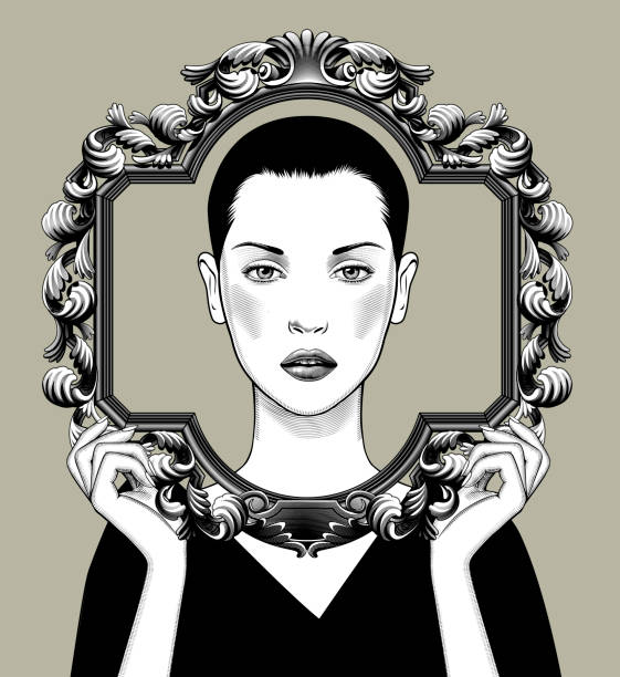 istock Young woman with short hair with a decorative frame in her hands 1255247786