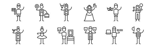 12 set of linear general arts icons. thin outline icons such as mime, theatre, dancer, origami, architecture, economics for web, mobile. 12 set of linear general arts icons. thin outline icons such as mime, theatre, dancer, origami, architecture, economics for web, mobile video charades stock illustrations