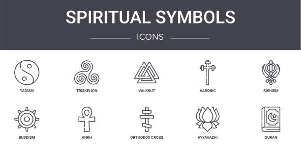ilustrações, clipart, desenhos animados e ícones de símbolos espirituais conceito ícones de linha definidos. contém ícones utilizáveis para web, logotipo, ui/ux como triskelion, aarônico, budismo, cruz ortodoxa, ayyavazhi, alcorão, siquismo, valknut - ayyavazhi