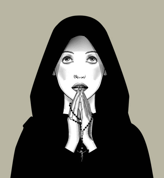 Praying woman with a rosary in her hands Praying woman with a rosary in her hands. Vintage engraving stylized drawing. Vector illustration nun praying cross human hand stock illustrations