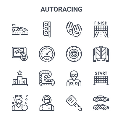 set of 16 autoracing concept vector line icons. 64x64 thin stroke icons such as traffic light, game, uniform, racer, commentator, race, car key, wheel, finish