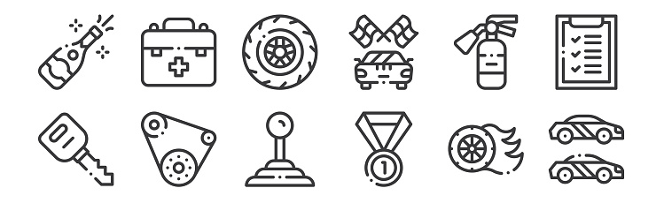 12 set of linear autoracing icons. thin outline icons such as race, medal, conveyor belt, fire extinguisher, wheel, first aid kit for web, mobile