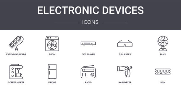 ilustrações, clipart, desenhos animados e ícones de ícones da linha de conceito de dispositivos eletrônicos definidos. contém ícones utilizáveis para web, logotipo, ui/ux como quarto, d copos, cafeteira, rádio, secador de cabelo, ram, ventiladores, leitor de dvd - dvd player computer icon symbol icon set