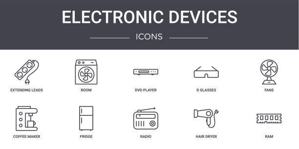 electronic devices concept line icons set. contains icons usable for web, logo, ui/ux such as room, d glasses, coffee maker, radio, hair dryer, ram, fans, dvd player electronic devices concept line icons set. contains icons usable for web, logo, ui/ux such as room, d glasses, coffee maker, radio, hair dryer, ram, fans, dvd player dvd player stock illustrations