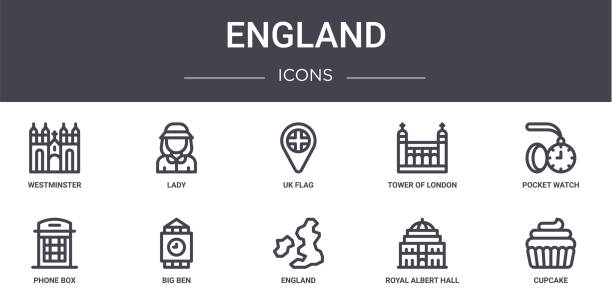 illustrations, cliparts, dessins animés et icônes de ensemble d’icônes de ligne de concept d’angleterre. contient des icônes utilisables pour le web, logo, ui/ux tels que dame, tour de londres, cabine téléphonique, angleterre, royal albert hall, cupcake, montre de poche, drapeau du royaume-uni - tour-de-londres