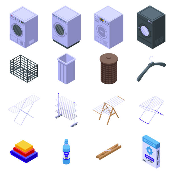 ilustrações de stock, clip art, desenhos animados e ícones de tumble dryer icons set, isometric style - descida dos cestos
