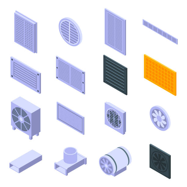 Ventilation icons set, isometric style Ventilation icons set. Isometric set of ventilation vector icons for web design isolated on white background electric fan stock illustrations