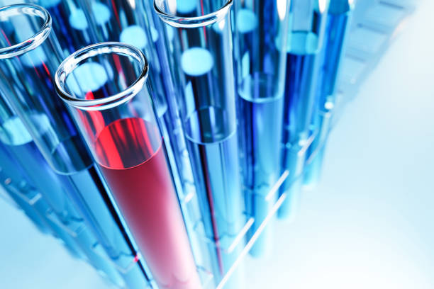 Test tubes with red or blue liquid in a holder. Testing laboratory, covid-19 test, chemical testing facility, medical testing. Wide angle perspective shot from above.