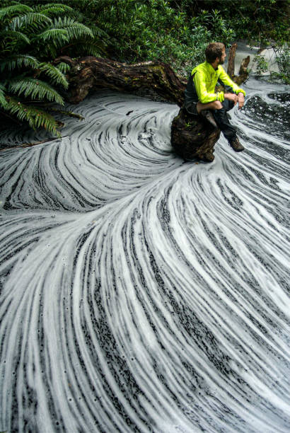 hiker sitting on log on mountain pool with amazing natural foam patterns - rainforest fern beauty running imagens e fotografias de stock