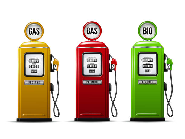밝은 주유소 펌프 아이콘 세트. 사실적인 벡터 일러스트레이션 - gas station fuel pump station gasoline stock illustrations