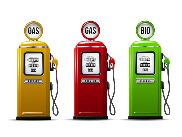 zestaw jasnej ikony pompy stacji benzynowej. realistyczna ilustracja wektorowa - station gasoline old fuel pump stock illustrations