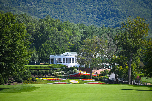 White Sulphur Springs, West Virginia / USA - August 8, 2018: The Greenbrier is a luxury resort located near White Sulphur Springs WV and is Home of the Greenbrier Classic PGA Tour FedEx Cup Event.