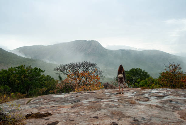 vue arrière d’une femme restant sur une paroi rocheuse humide regardant une vue surélevée robuste de swaziland - swaziland photos et images de collection