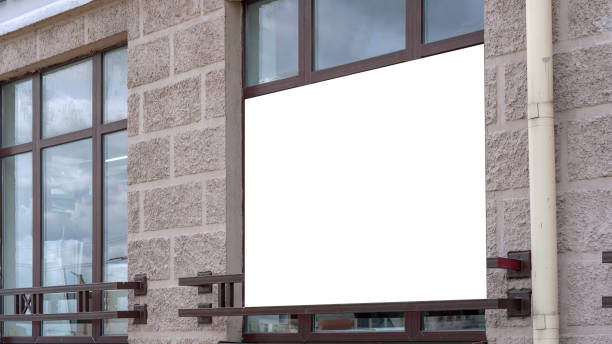 istock big white empty banner with white space on window of store sale concept 1255258766