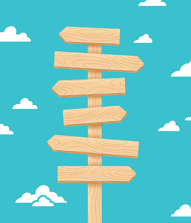 Arrow direction signs pointing in different directions wood grain pattern sign post with space for your copy.