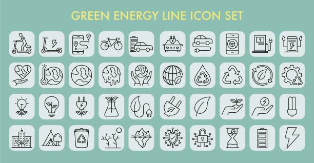 그린 에너지 라인 아이콘 세트 - global warming pollution deforestation carbon dioxide stock illustrations