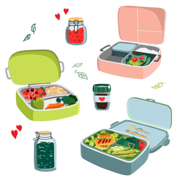 null-abfall-konzept mit verschiedenen lunchboxen. - bento box lunch healthy lifestyle stock-grafiken, -clipart, -cartoons und -symbole