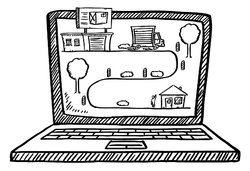 Cartoon style doodle of shipment tracking on laptop screen. Hand drawn doodle vector illustration. Black outline on white background.