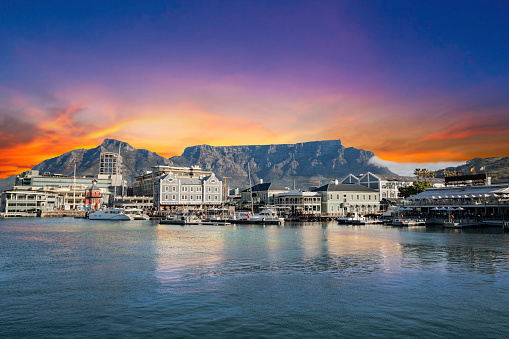 Table mountain waterfront boats and shops in Cape Town South Africa