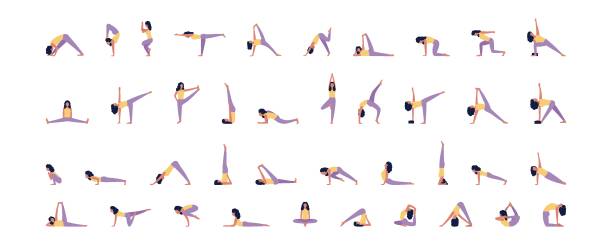 Yoga Young women in yoga poses. Vector set in flat style yoga illustrations stock illustrations