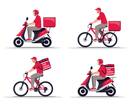 Goods and foods transportation flat vector illustrations set. Caucasian man on motorbike. White deliveryman with food package. Male bike courier in red uniform isolated cartoon one character kit