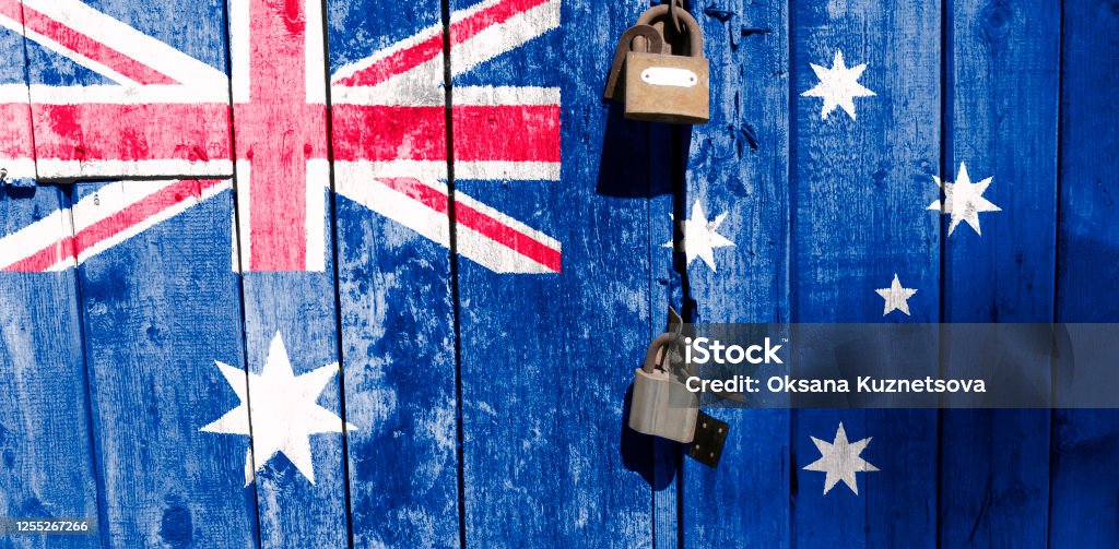 The Australian flag is in texture. Template. Coronavirus pandemic. Countries are closed. Locks. Lockdown Stock Photo