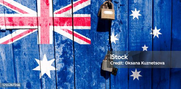 The Australian Flag Is In Texture Template Coronavirus Pandemic Countries Are Closed Locks Stock Photo - Download Image Now