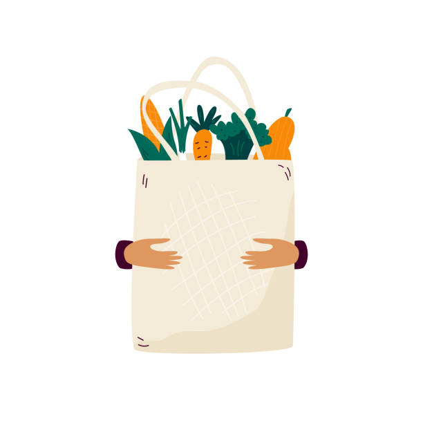 illustrations, cliparts, dessins animés et icônes de sac éco en toile réutilisable avec légumes et fruits biologiques. - tote bag