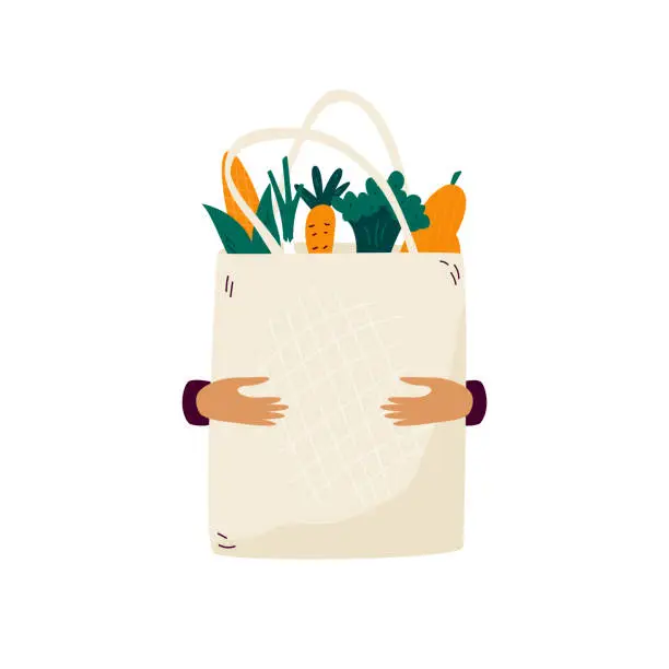 Vector illustration of Reusable canvas eco bag with organic vegetables and fruits.