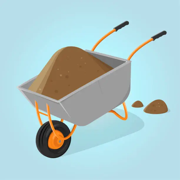 Vector illustration of funny cartoon illustration of a wheelbarrow with soil