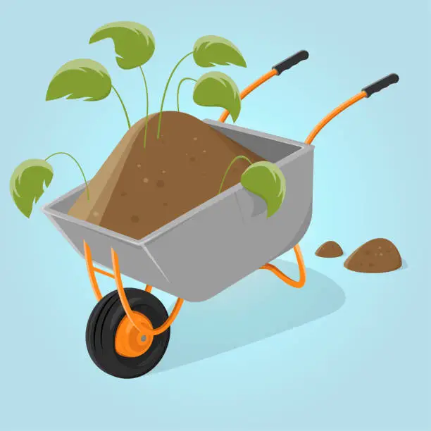 Vector illustration of funny cartoon illustration of a wheelbarrow with soil and plants