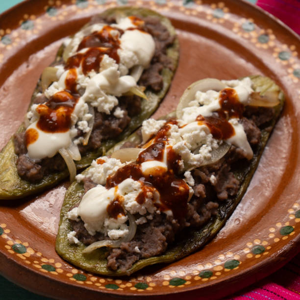 istock Mexican nopal cactus huaraches with cheese and beans on rustic background 1255273023