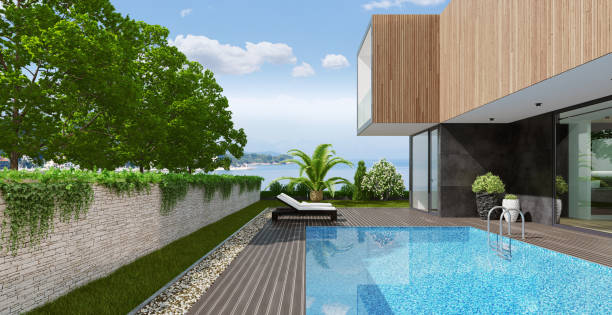istock Luxurious ocean side villa with swimming pool at summer daylight scene 1255273913