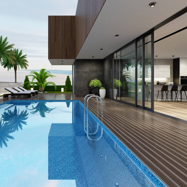 istock Luxurious beach side villa with swimming pool and palm trees at summer sunset scene 1255274052
