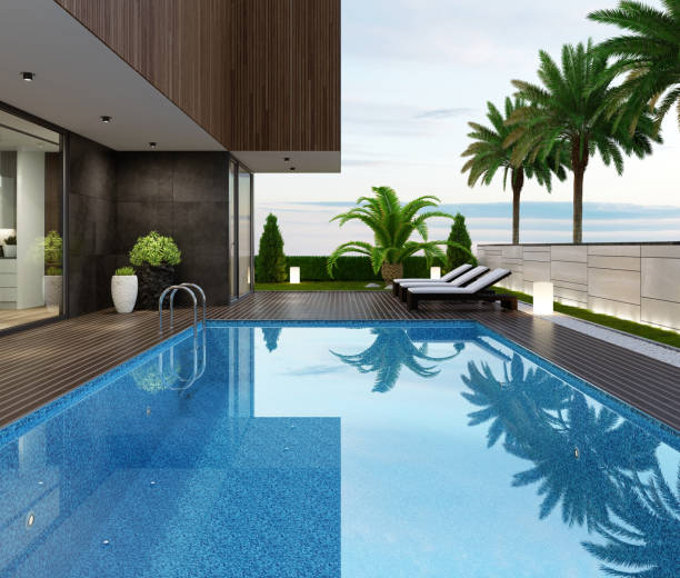 istock Luxurious beach side villa with swimming pool and palm trees at summer sunset scene 1255274087