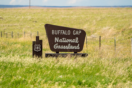 Scenic, South Dakota - June 22, 2020: Sign for the Buffalo Gap National Grassland, part of the United States Forest Service on summer day