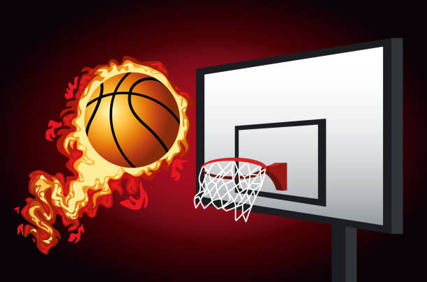 istock basketball sport poster with balloon on fire and basket 1255276802