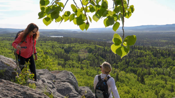 istock Female hikers walk along mountain ridge 1255279548
