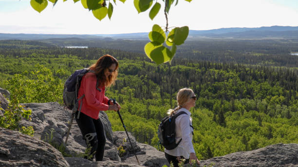 istock Female hikers walk along mountain ridge 1255281239