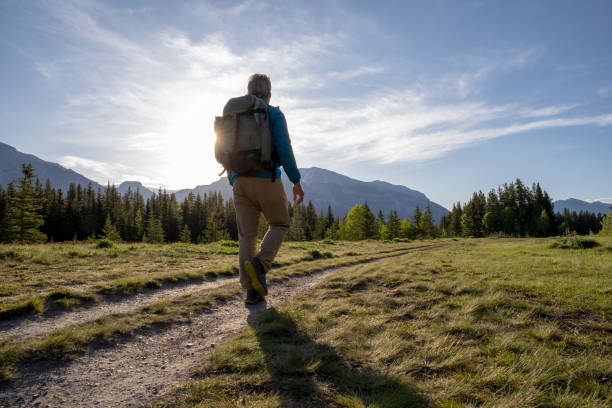 istock Hiker walks through grassy meadow in the morning 1255287029