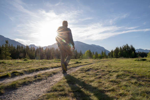 l'escursionista cammina attraverso un prato erboso al mattino - footpath field nature contemplation foto e immagini stock