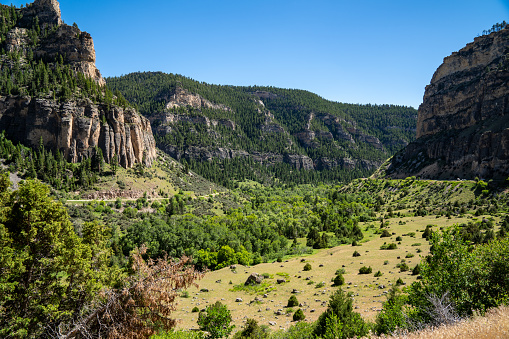 The colorful and lush Tensleep Canyon along the Cloud Peak Skyway (US Highway 16) in the Wyoming Bighorn National Forest in summer