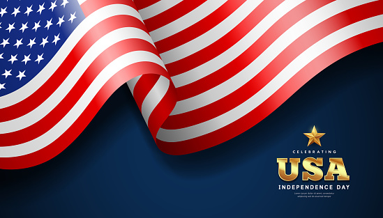 American flag waving, independence day banner design, on dark blue background, vector illustration