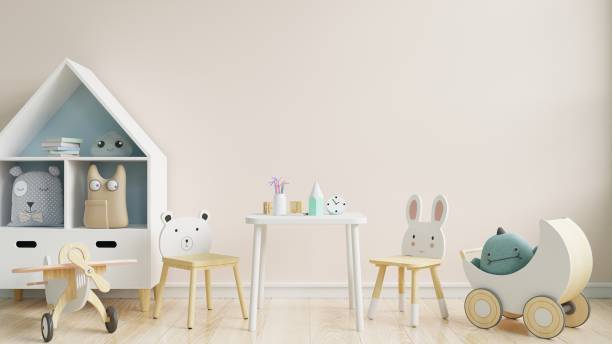 istock Mock up wall in the children's room in white wall background. 1255294837